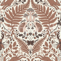 A brown butterfly anchors the lower middle of this mocha mousse fern wallpaper., GD9682