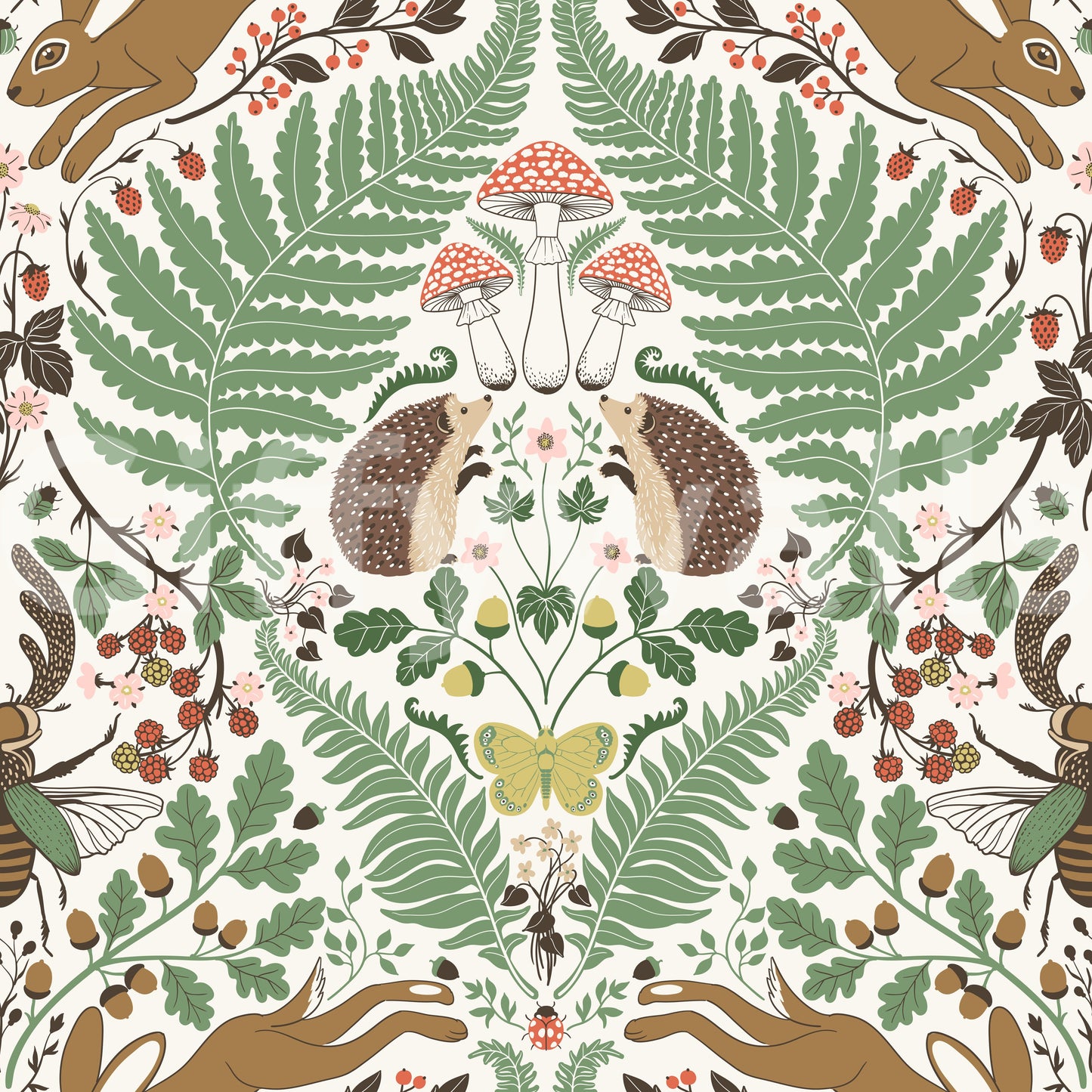 A yellow butterfly anchors the bottom of this woodland animals and plants wallpaper., GD9684