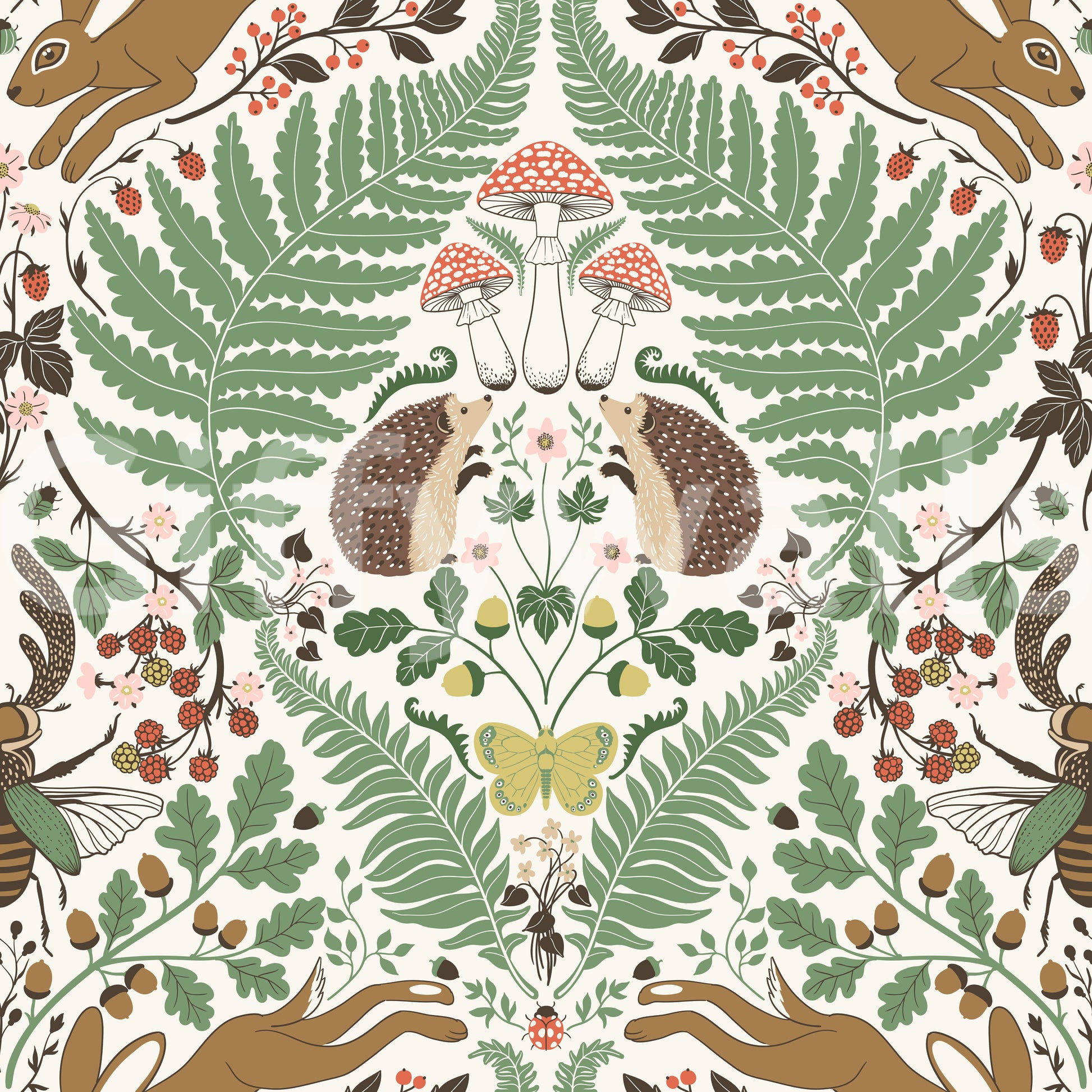 A yellow butterfly anchors the bottom of this woodland animals and plants wallpaper., GD9684