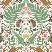 A yellow butterfly anchors the bottom of this woodland animals and plants wallpaper., GD9684