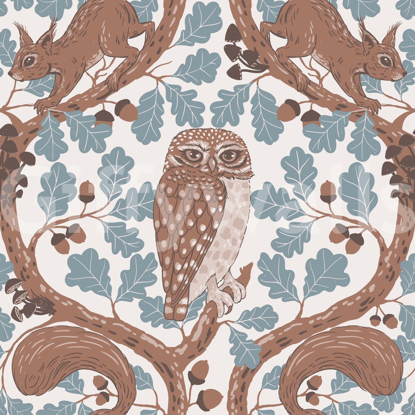 Mocha branches loop and curl around the central owl in this oak wallpaper repeat., GD9685