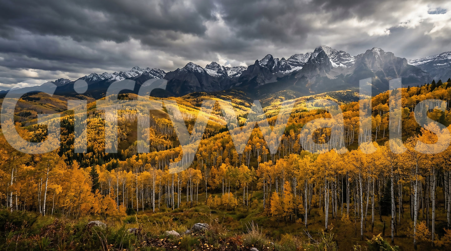 Yellow, gold, and amber tones fill the forest of this autumn mountain wall mural.