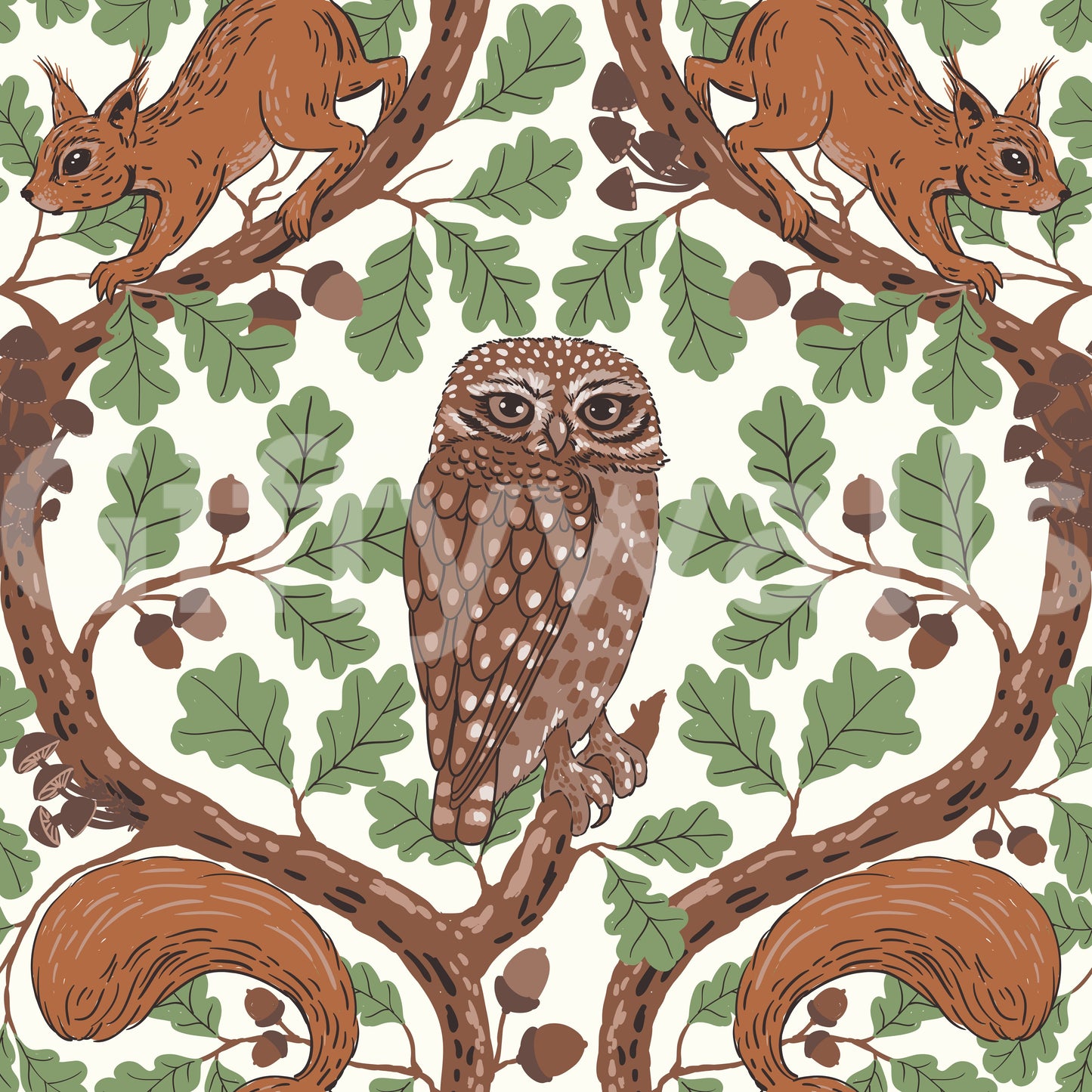 Cream backgrounds highlight every animal and leaf in this woodland oak wallpaper.