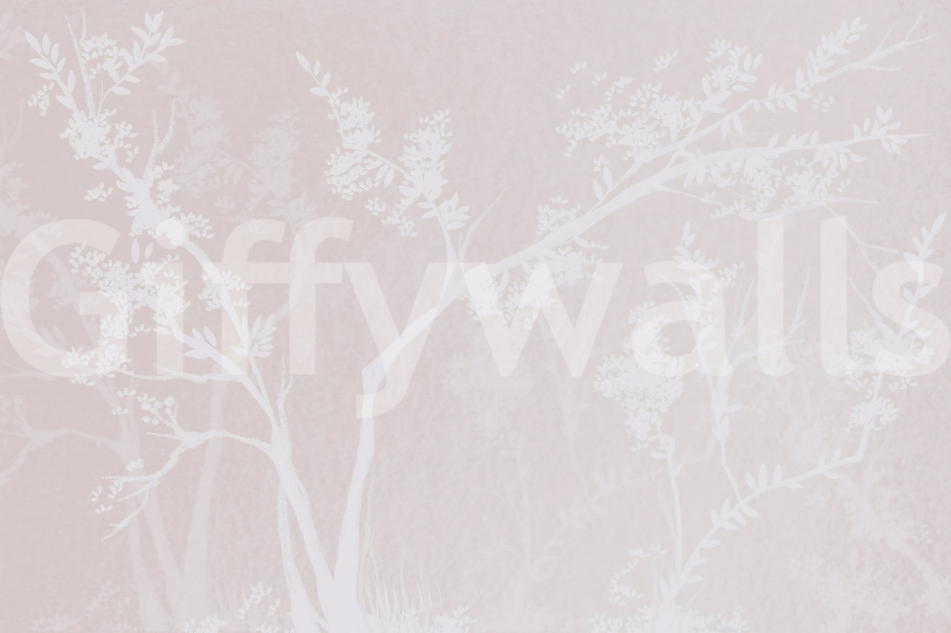 Layered botanical forest wall mural in pale pink and white, Muted Blossom series