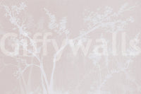 Layered botanical forest wall mural in pale pink and white, Muted Blossom series