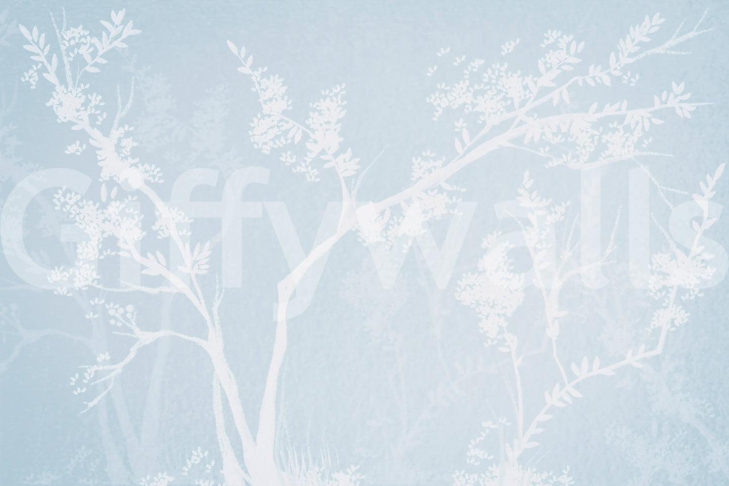Blue and white blossom silhouette wall mural with layered branch structures