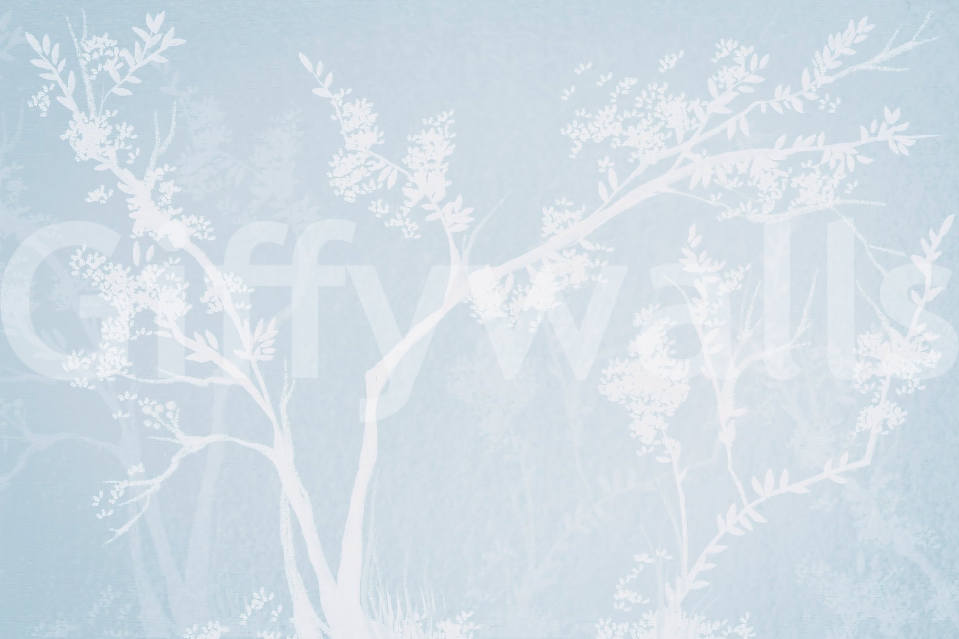 Blue and white blossom silhouette wall mural with layered branch structures