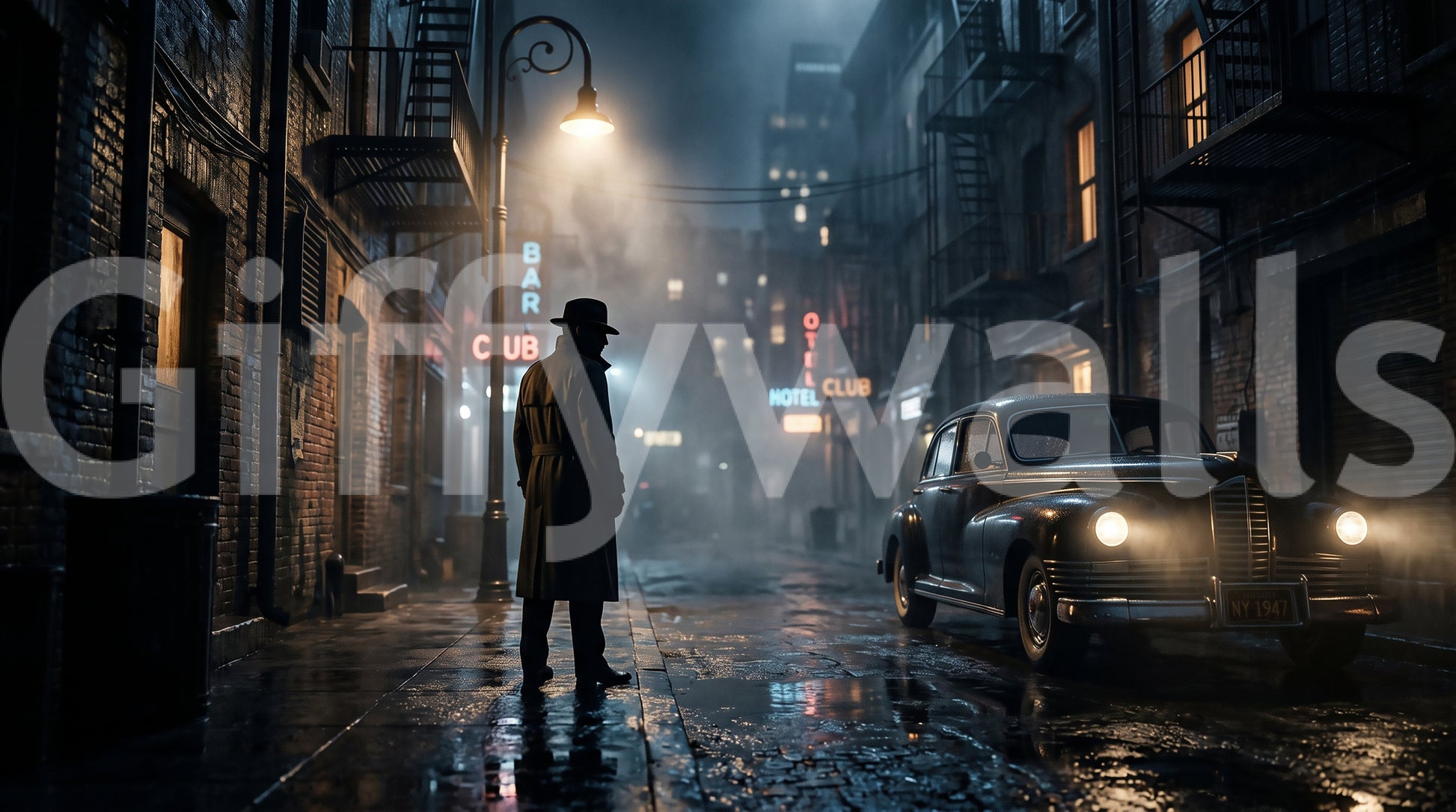 Street lamp and mist in the Midnight City Noir wall mural, GD9697