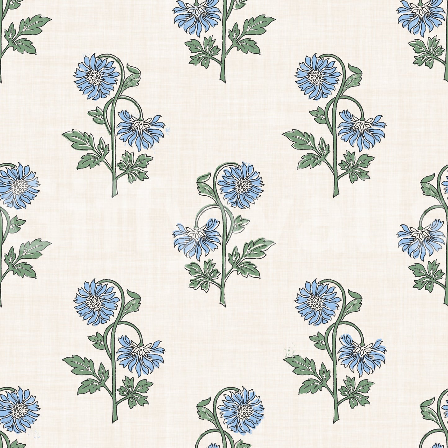 Cream ground azure petal harmony wallpaper with evenly spaced blue stems, GD9700