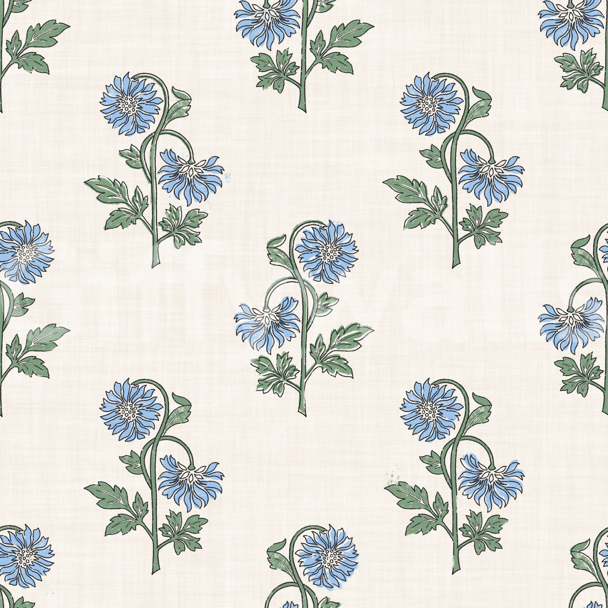 Cream ground azure petal harmony wallpaper with evenly spaced blue stems, GD9700