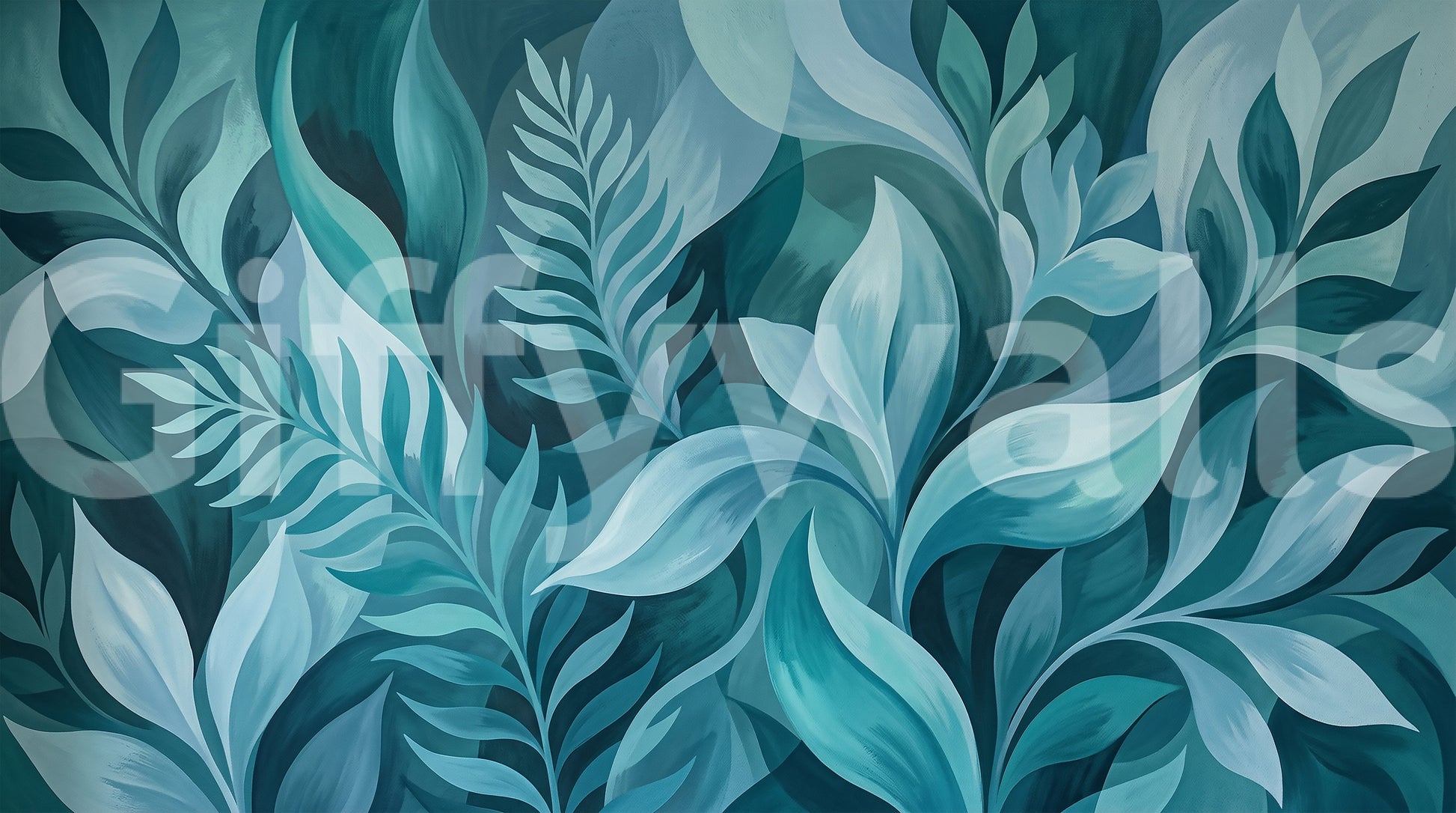 Deep teal fronds and broad leaves in the Serenity wall mural