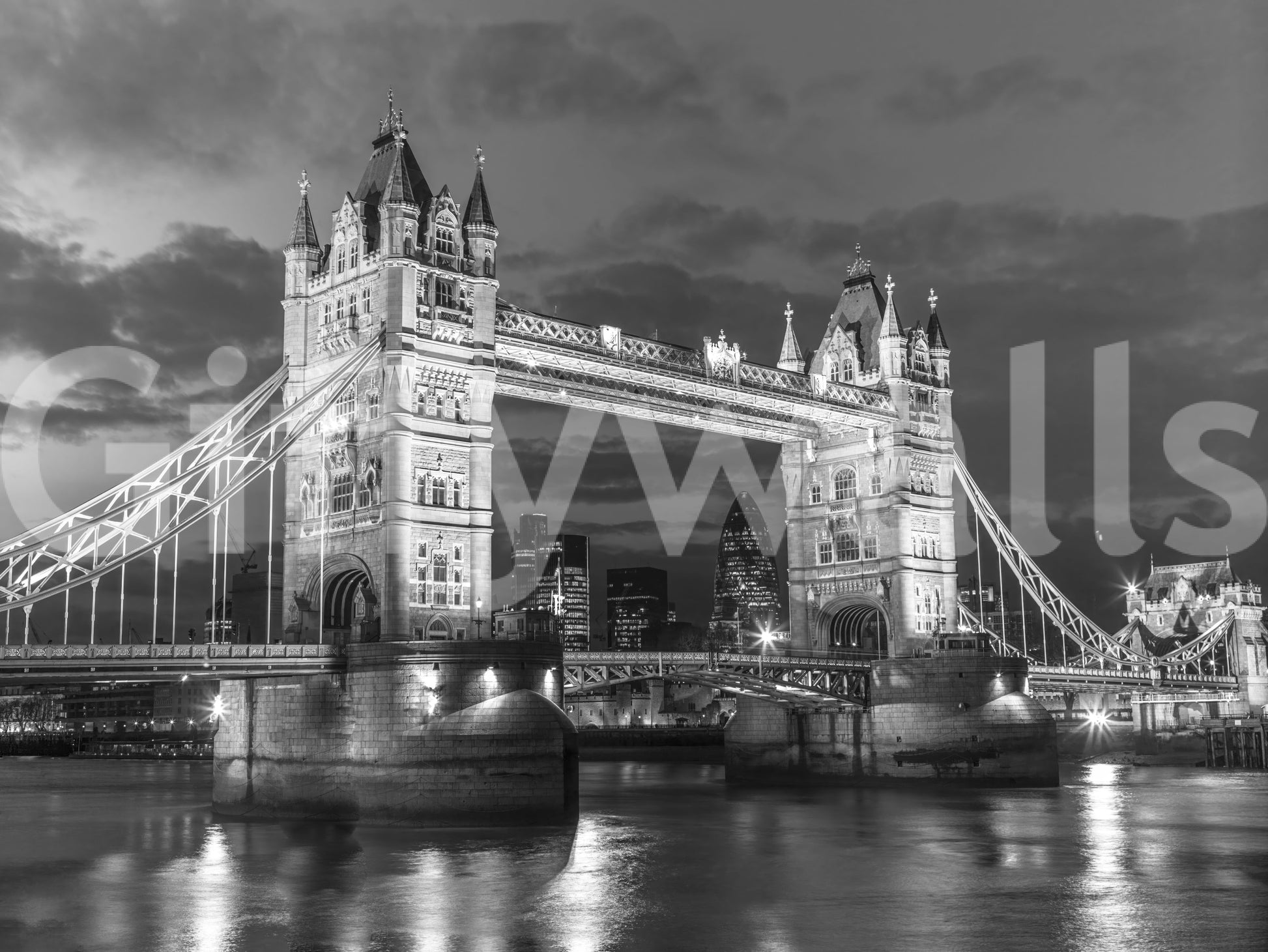 London skyline in the Monochrome Tower Bridge Glow wall mural, GD9707