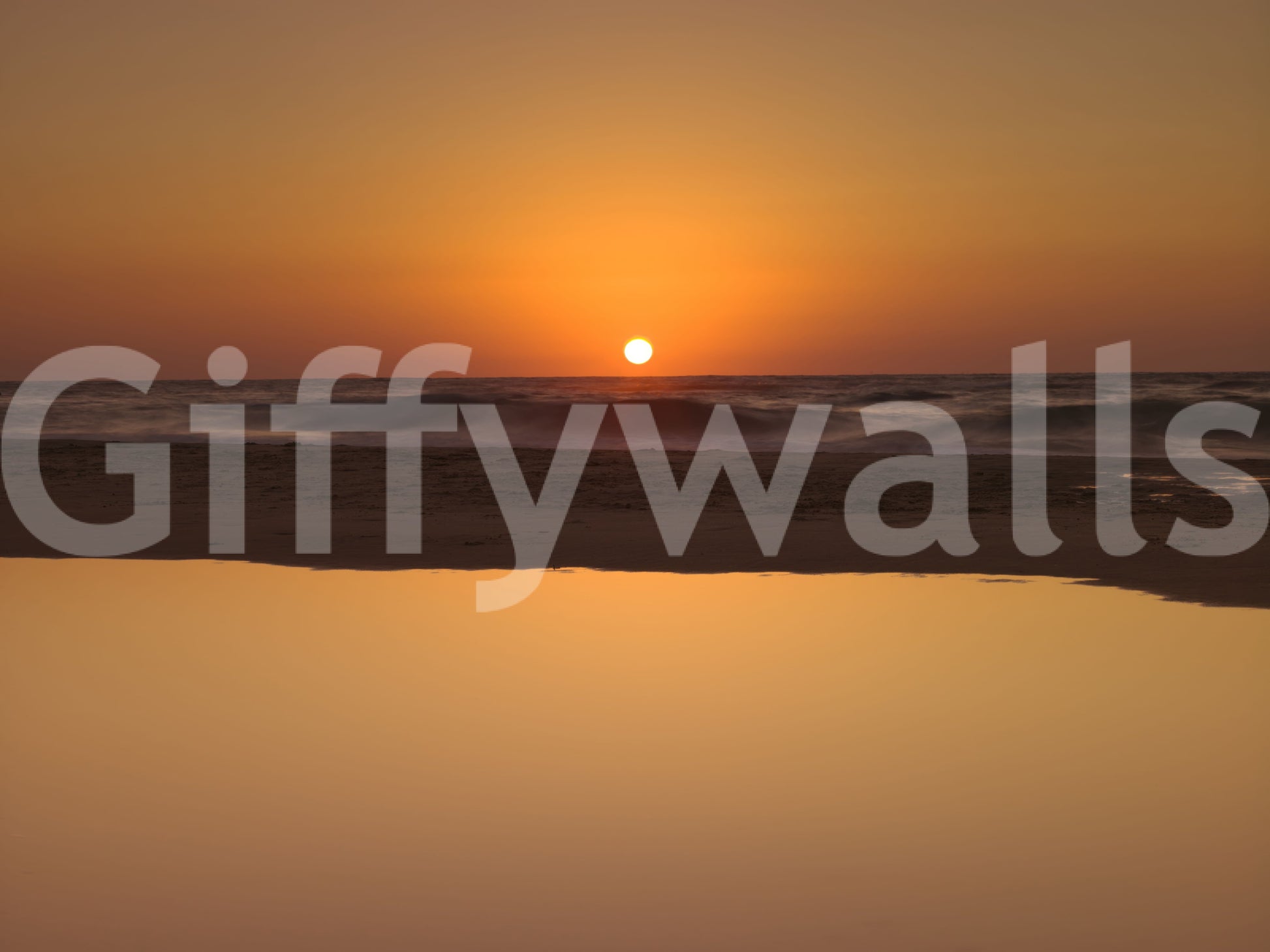 Wet sand reflecting golden sky in ocean horizon sunset wall mural, GD9708
