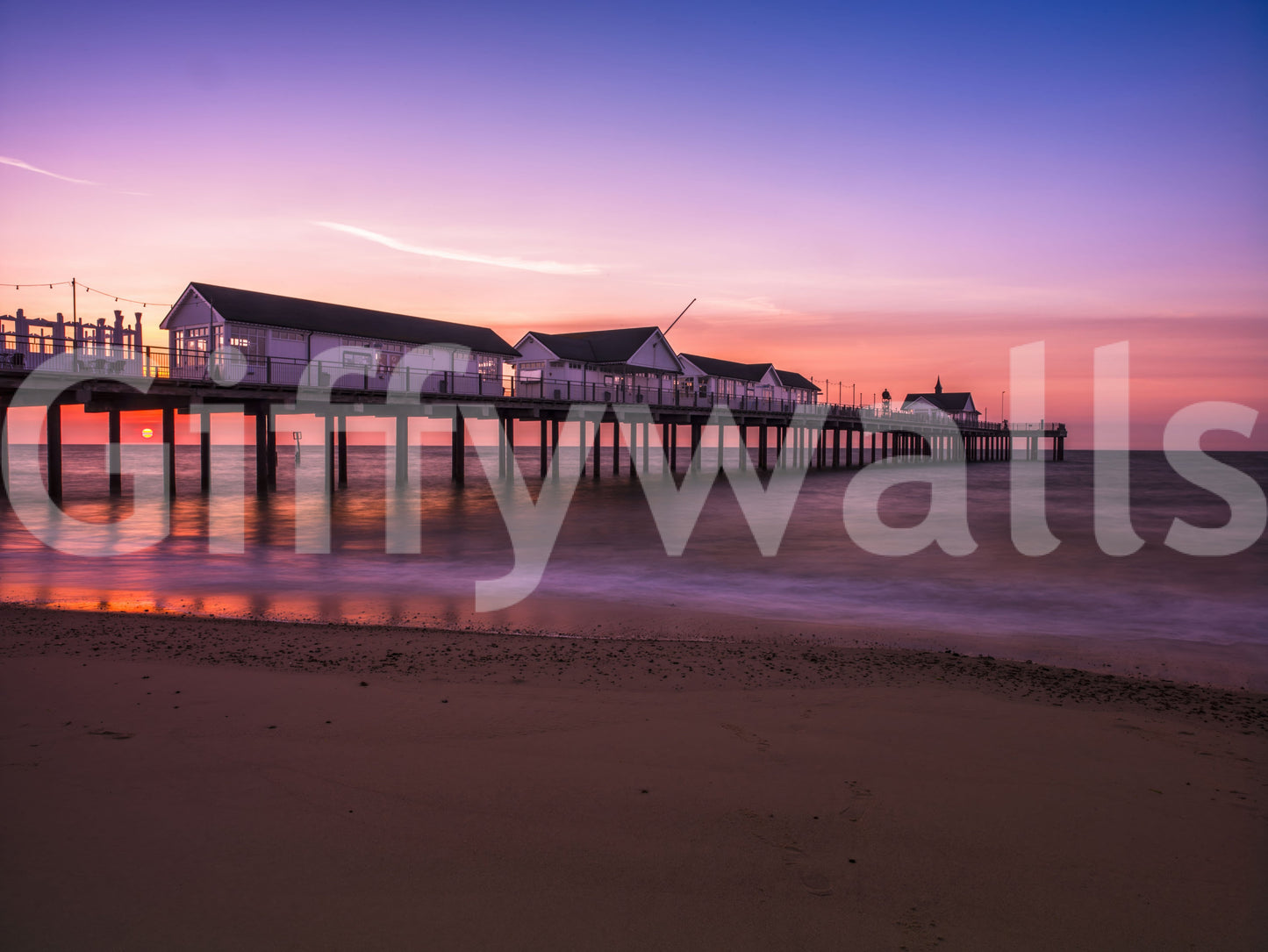 White pavilion buildings on pier at twilight sunset pier reverie wall mural