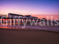 White pavilion buildings on pier at twilight sunset pier reverie wall mural