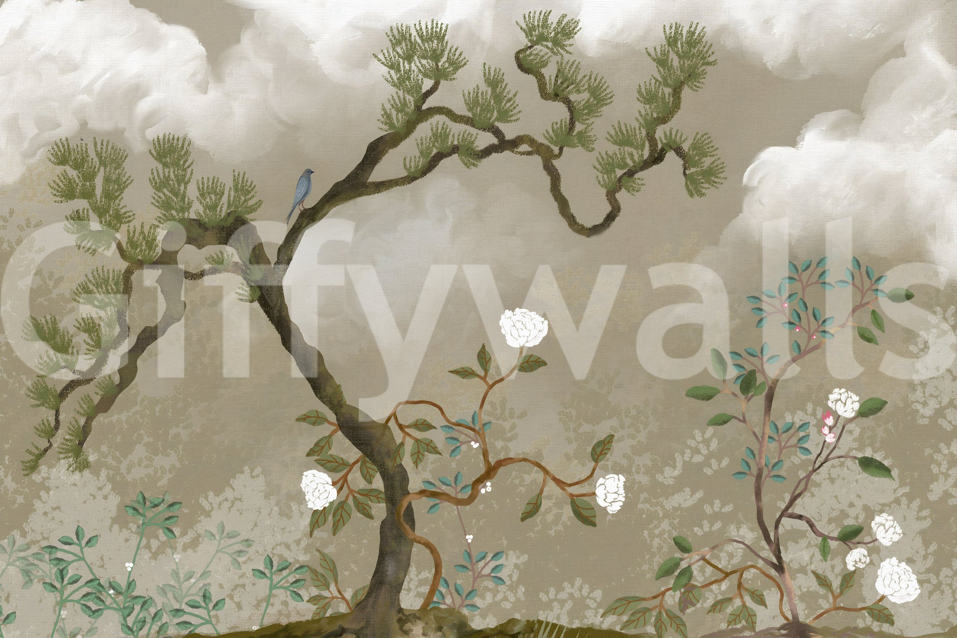 Muted taupe and beige tones seen up close on the Pine Garden chinoiserie wall mural.