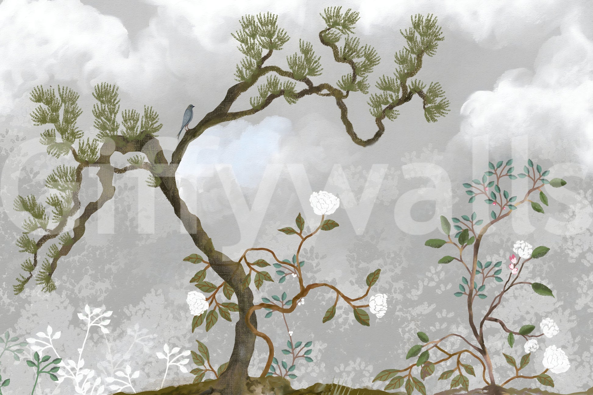 Muted green pine foliage set against pale clouds in chinoiserie wall mural, GD9719