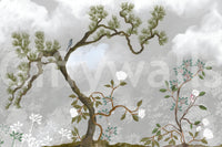 Muted green pine foliage set against pale clouds in chinoiserie wall mural, GD9719