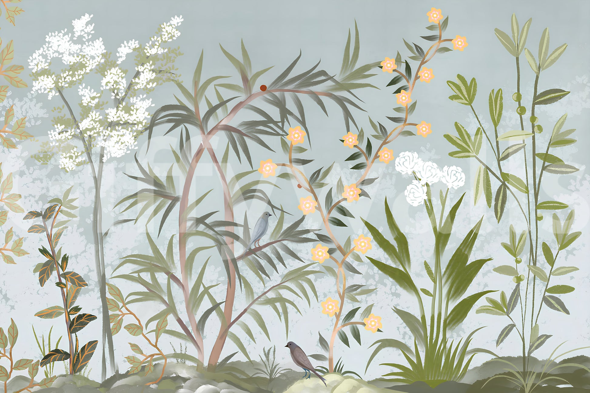 Trailing foliage and botanical detail in the oriental garden wall mural, GD9722