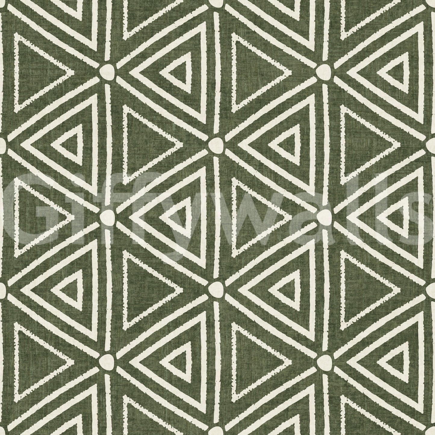 Bold geometric triangle pattern on a moss green mudcloth wallpaper in flat cream, GD9723