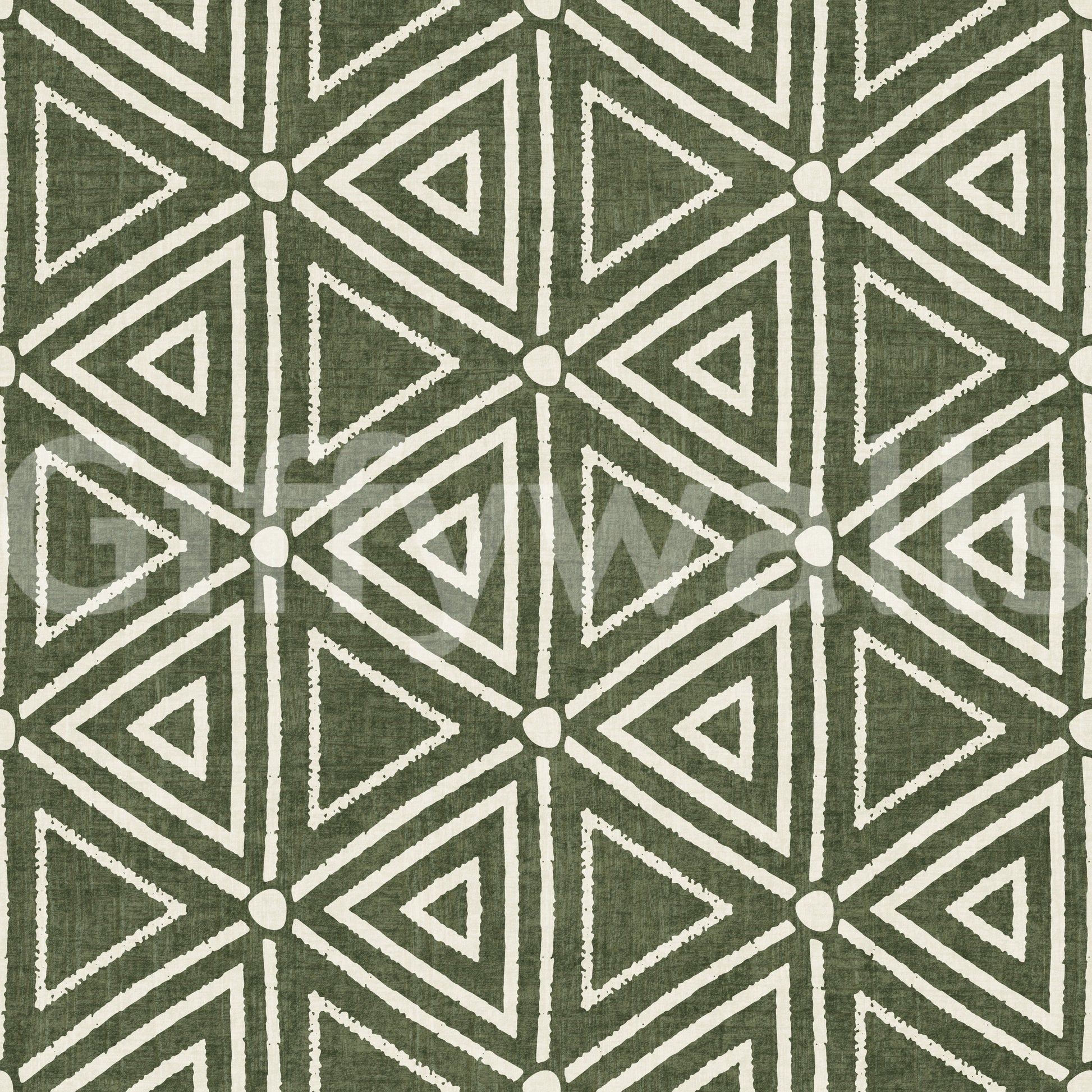 Bold geometric triangle pattern on a moss green mudcloth wallpaper in flat cream, GD9723