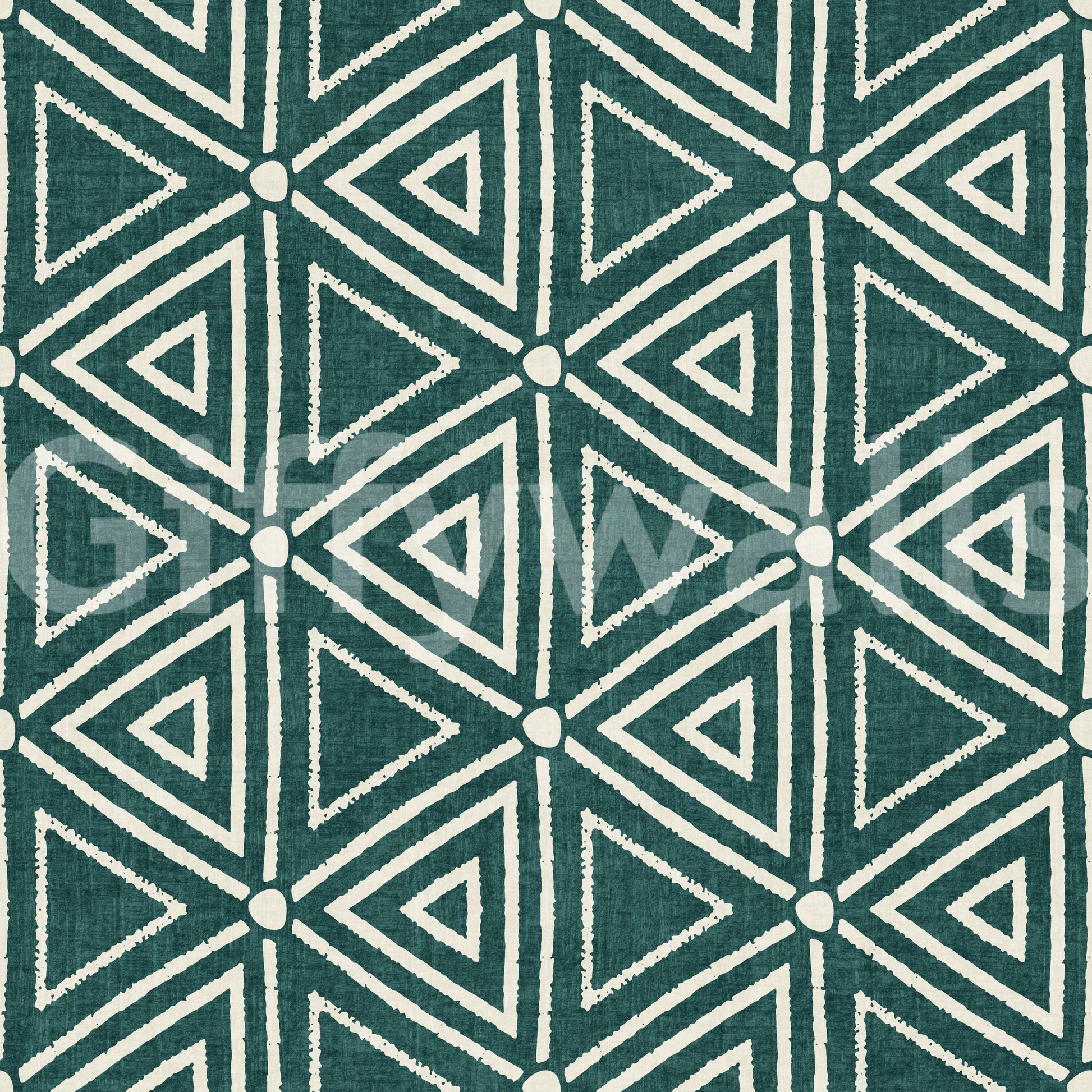 Six-way junction mudcloth wallpaper with cream triangles set on a dark teal base, GD9725