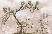 Tiny ghosted leaves rise from the lower edge in this chinoiserie pine wall mural.