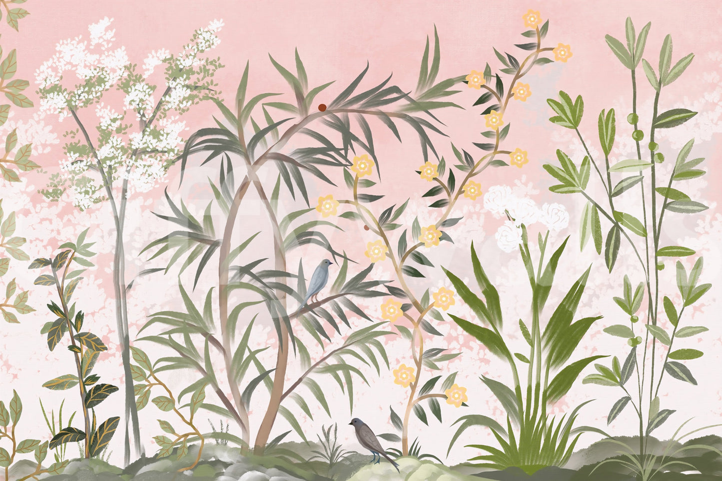 Pale pink atmosphere with grassy clusters and bamboo-leaf detail in a chinoiserie wall mural., GD9732