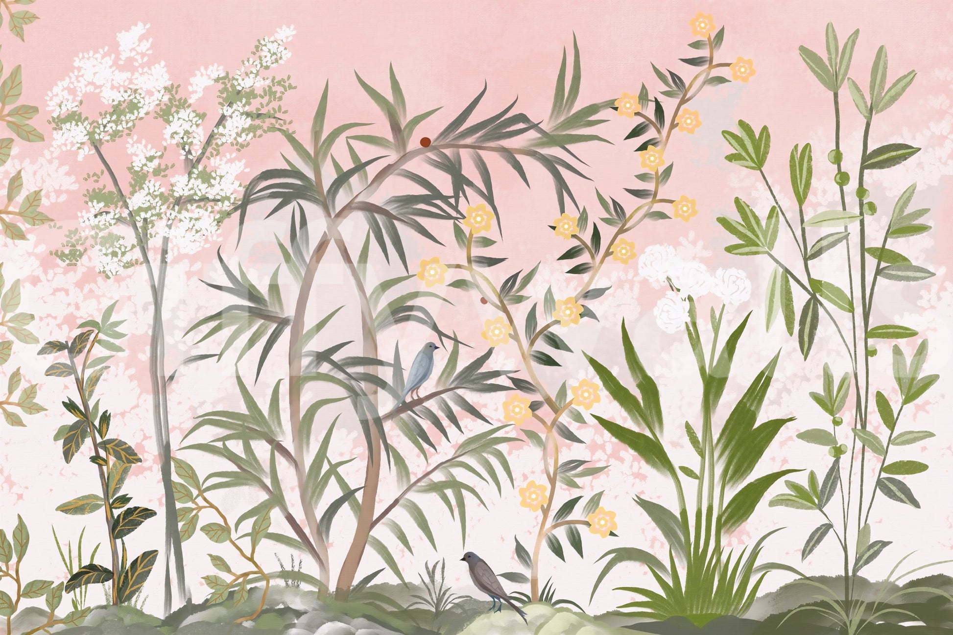 Pale pink atmosphere with grassy clusters and bamboo-leaf detail in a chinoiserie wall mural., GD9732