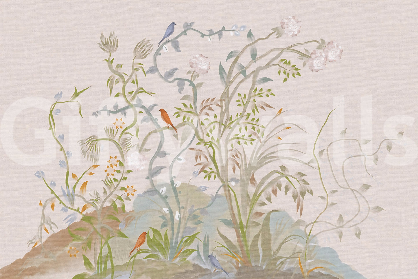 Pale blue tendrils trail off the sides of this chinoiserie wall mural composition.