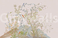 Pale blue tendrils trail off the sides of this chinoiserie wall mural composition.