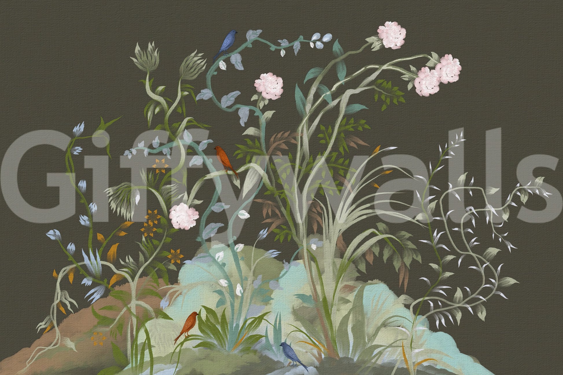 Birds in blue and red dot the foliage on this chinoiserie wall mural in olive tones.