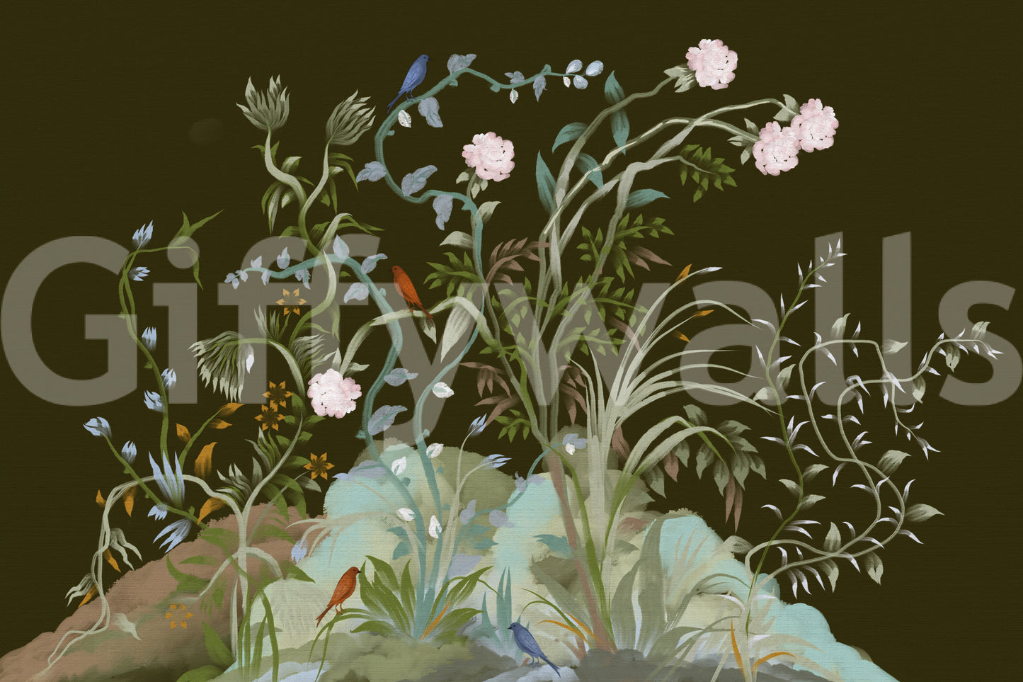 Drooping ferns and ground flowers under a Birds Chinoiserie wall mural with peonies., GD9735
