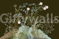 Drooping ferns and ground flowers under a Birds Chinoiserie wall mural with peonies., GD9735
