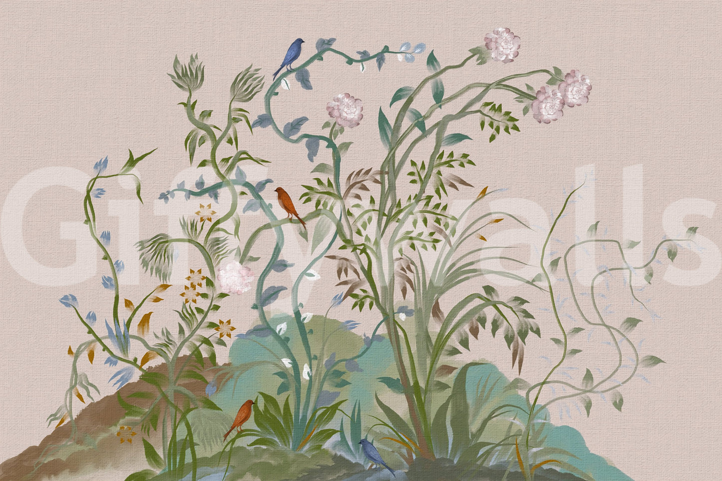 Tiny perched birds in red and blue dot this chinoiserie vine and blossom wall mural.