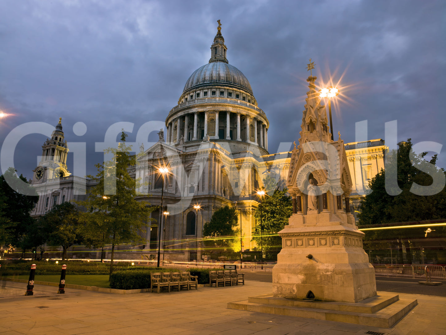 Starburst street lamps and blurred traffic light trails in this London wall mural