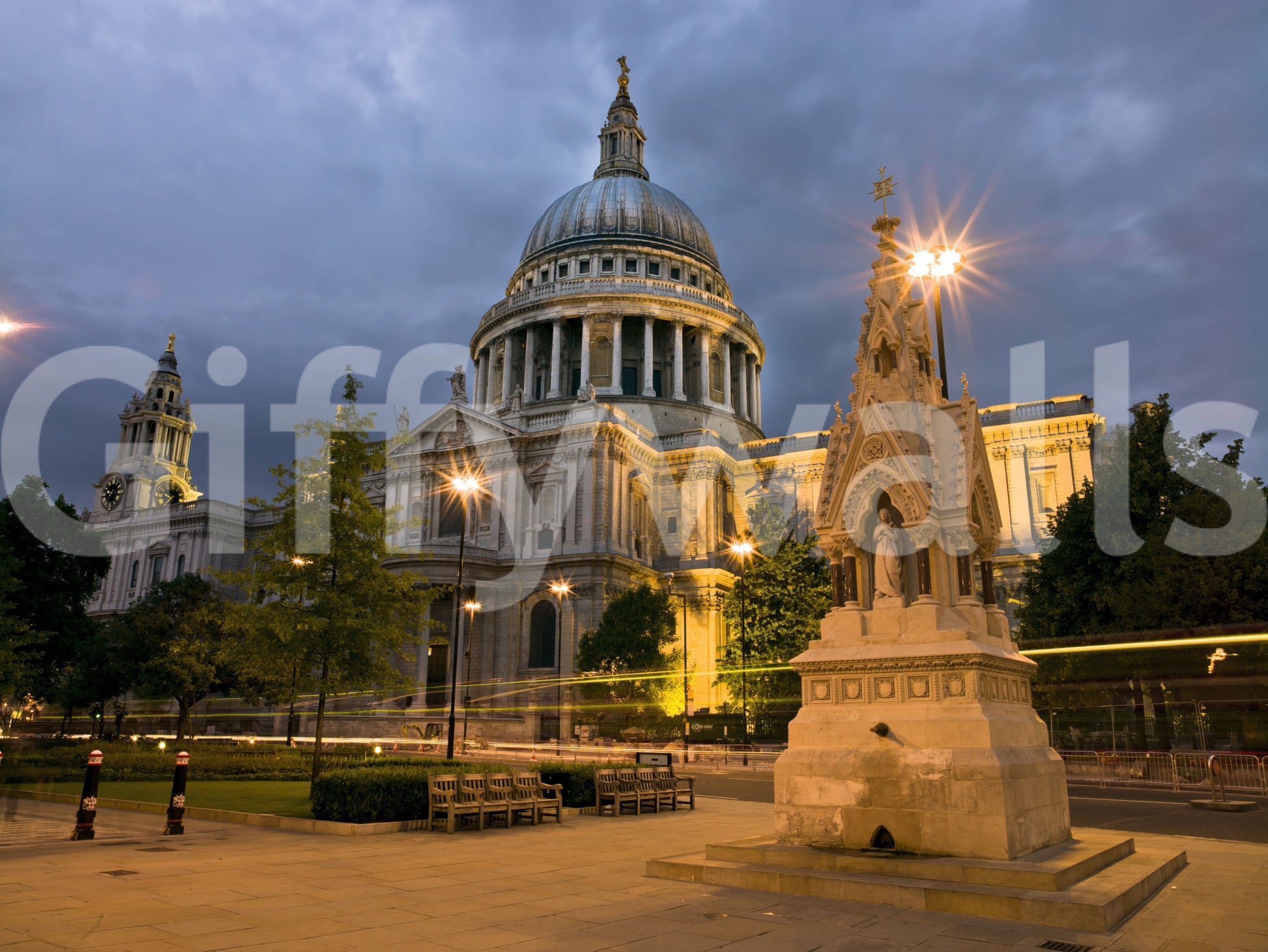 Starburst street lamps and blurred traffic light trails in this London wall mural