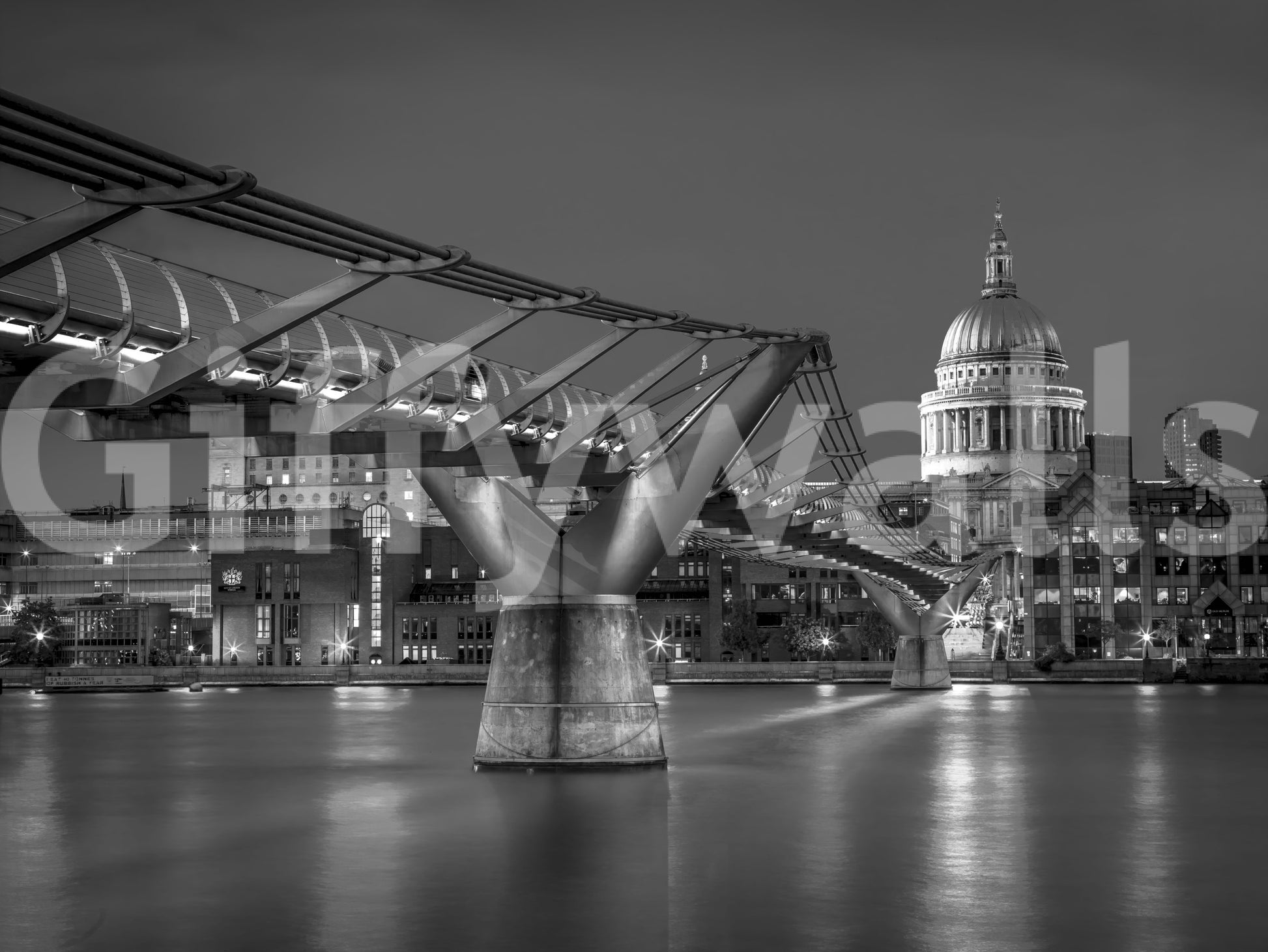 Bridge cables and river reflections in the London Nightfall wall mural