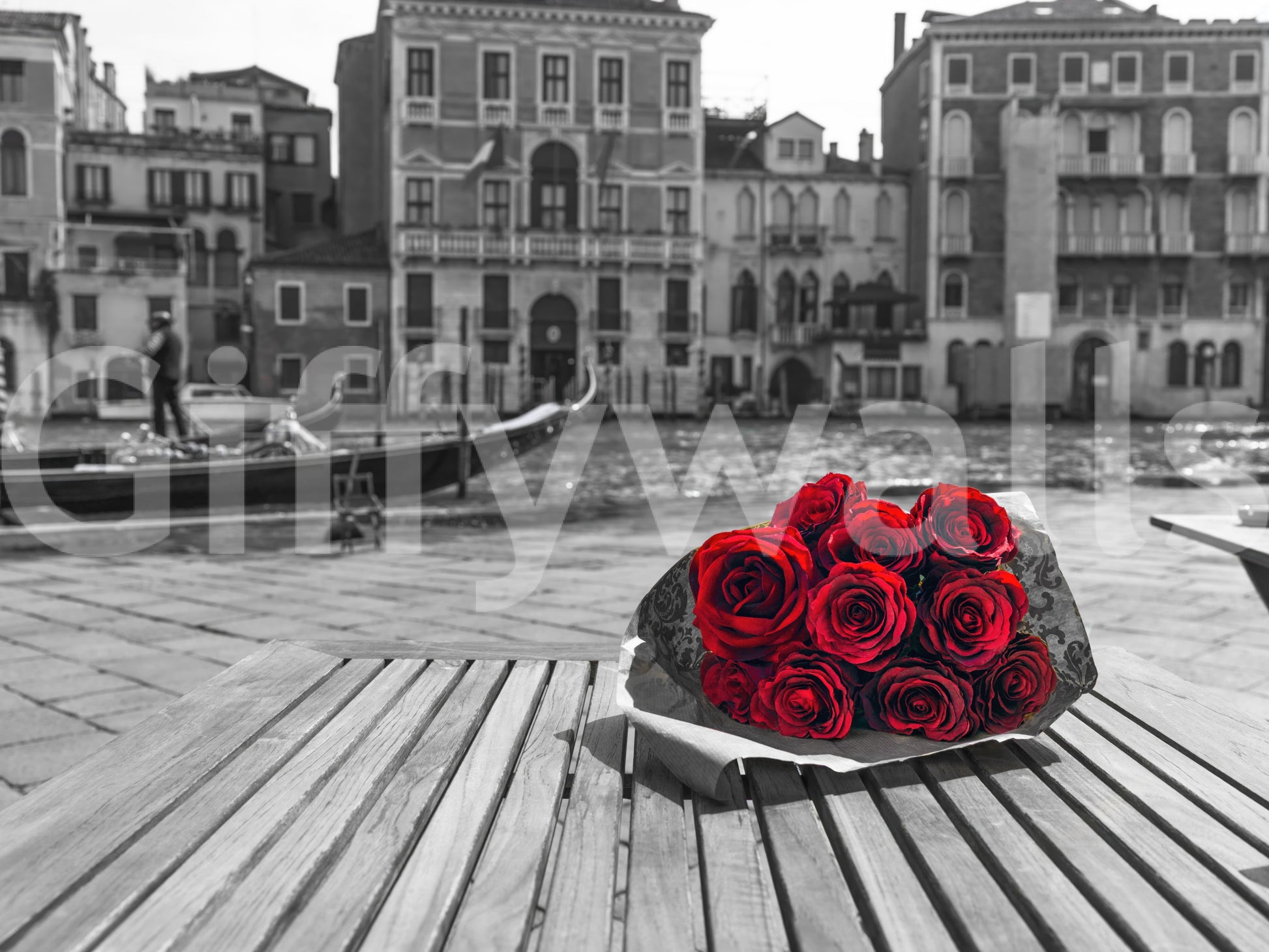Saturated red roses over a black and white waterfront in this wall mural, GD9751