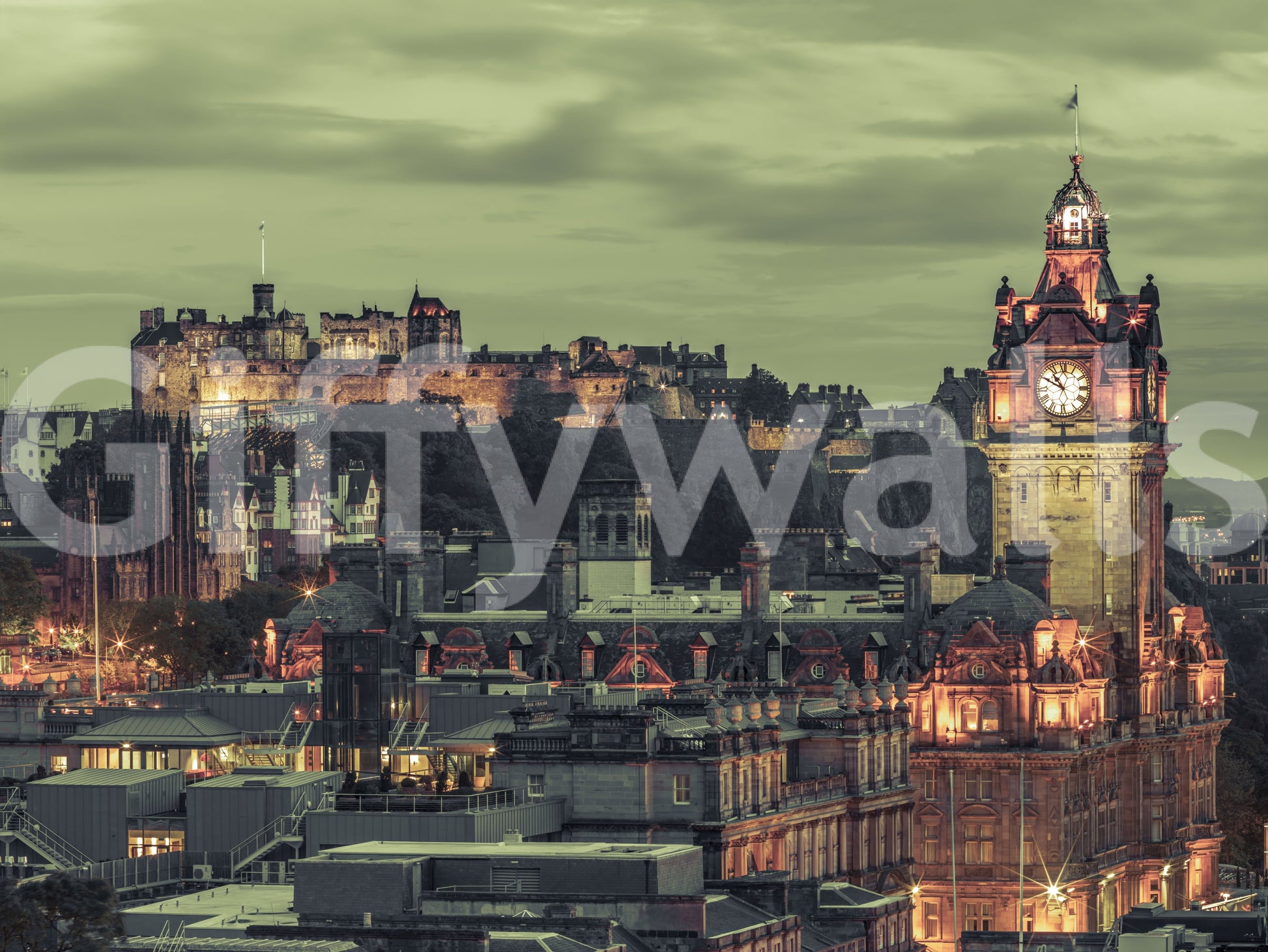 Green-tinted moody sky over Edinburgh cityscape in this wall mural