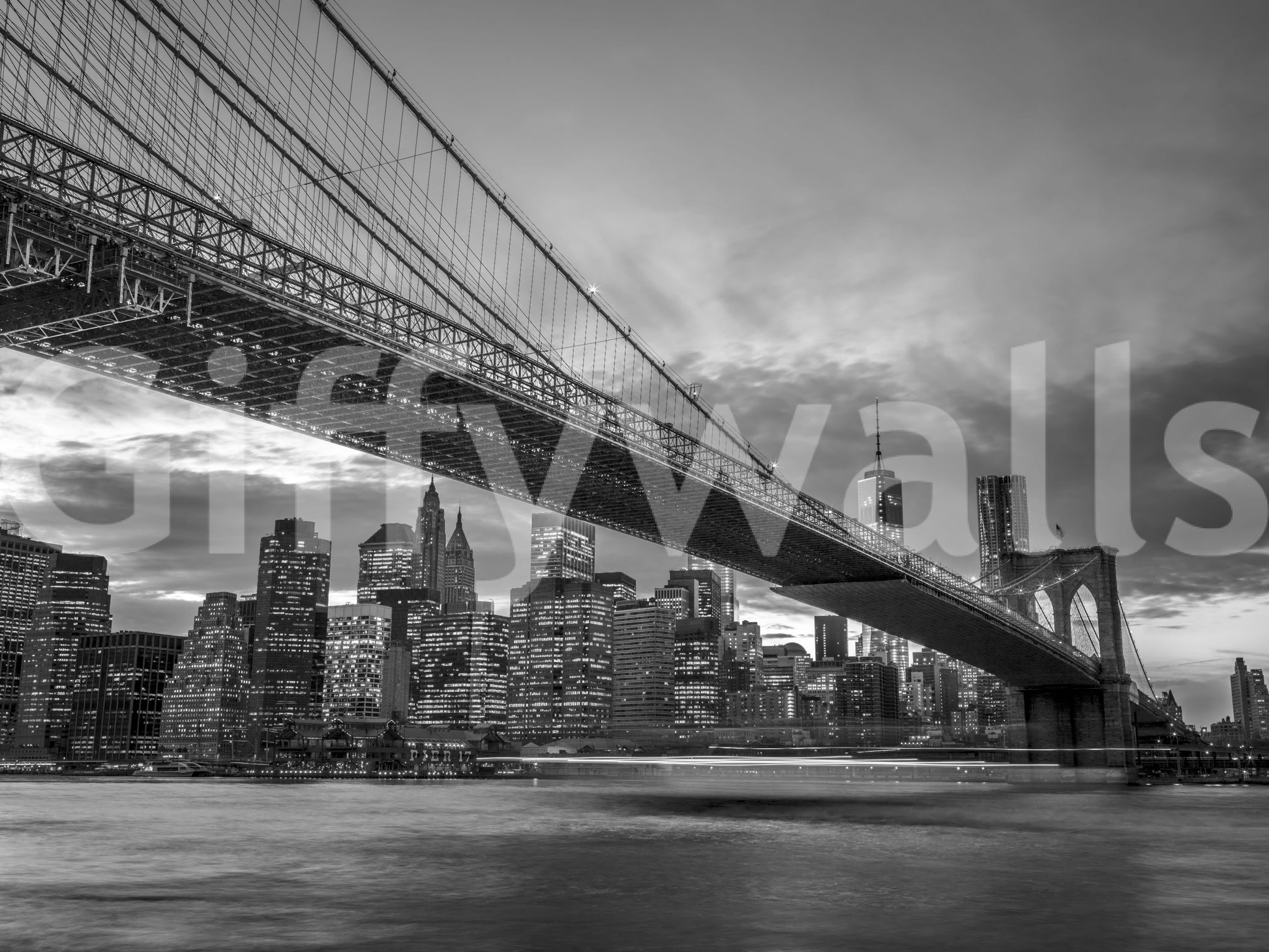 East River view with bridge overhead in this monochrome wall mural