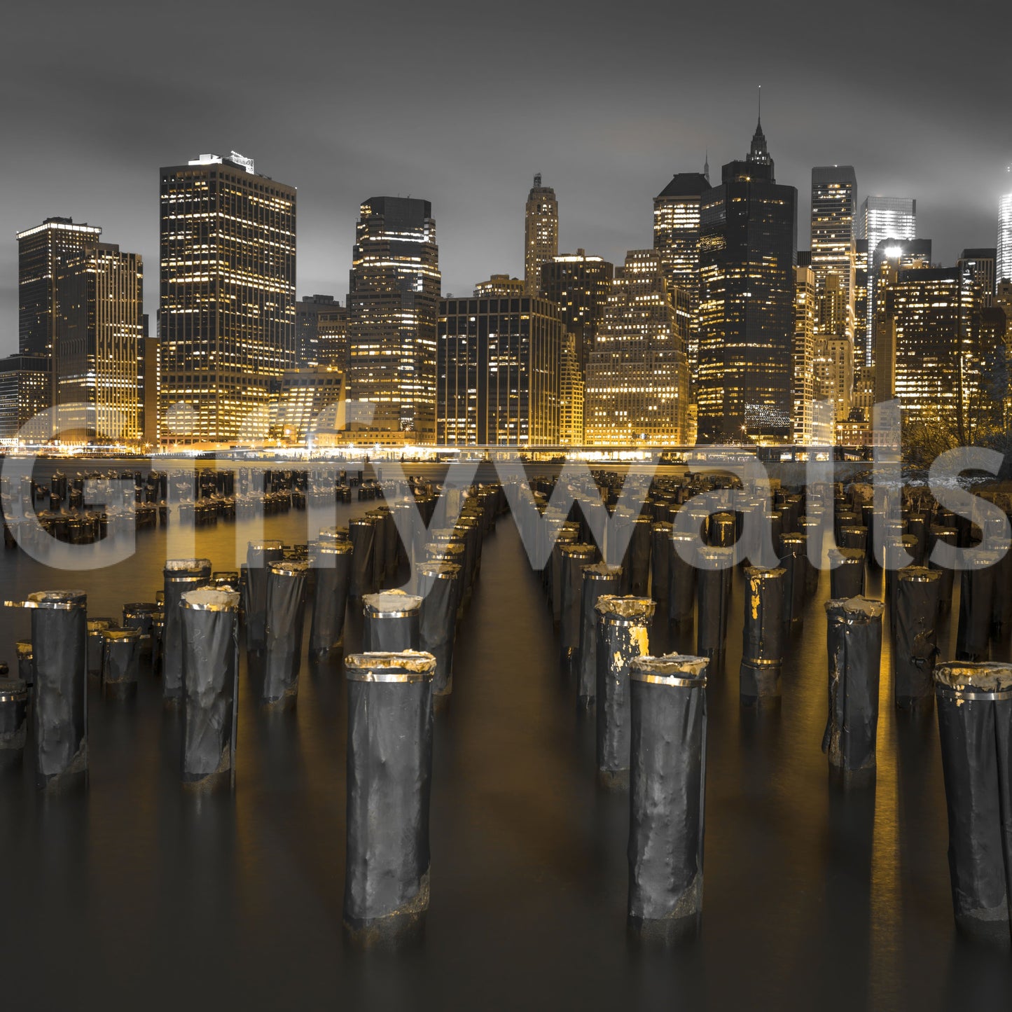 NYC Financial District at night in this selective-colour skyline wall mural