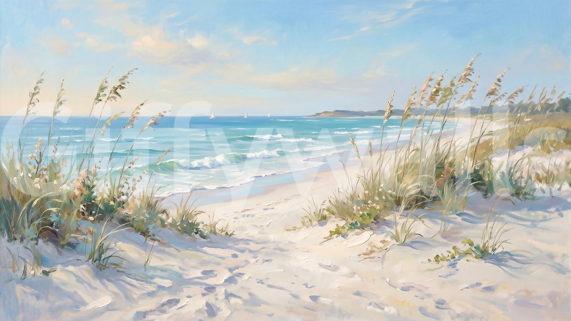 Beach wall mural with soft golden grass and pale ocean colours.
