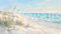 Coastal beach mural in turquoise, cream and soft blue tones.
