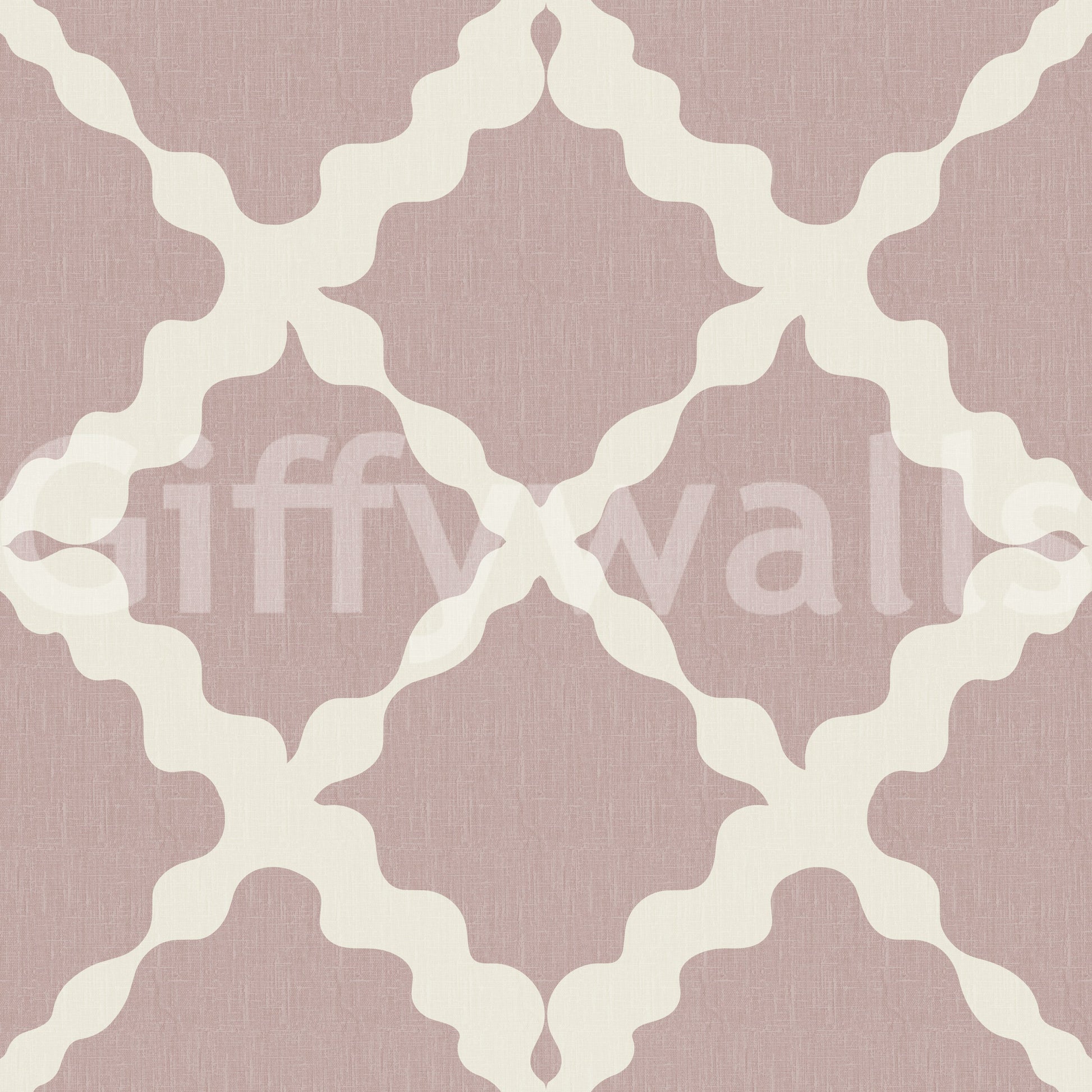 Soft pink and cream geometric trellis repeat pattern on a linen-textured wallpaper surface.