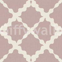 Soft pink and cream geometric trellis repeat pattern on a linen-textured wallpaper surface.