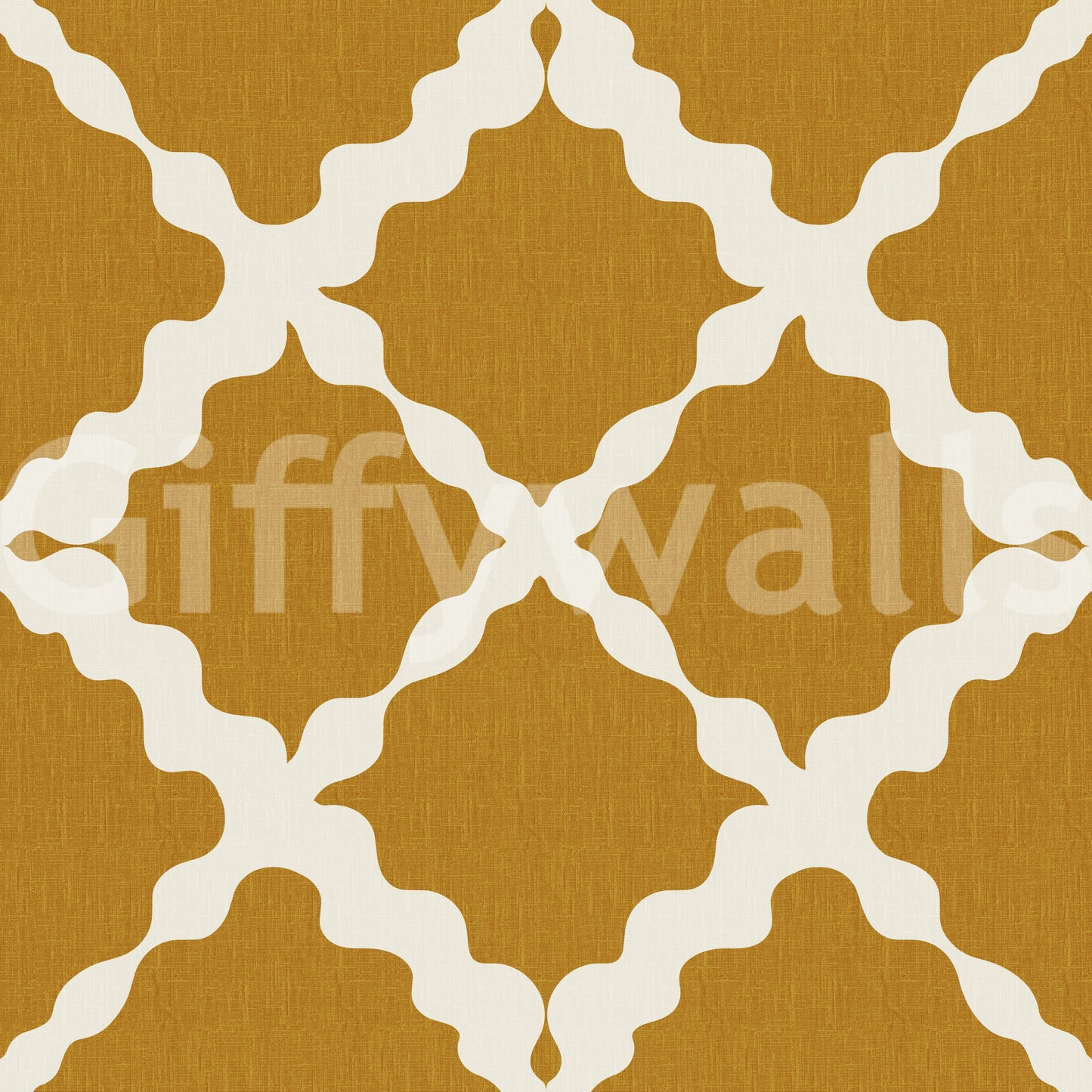 Mustard and cream geometric trellis wallpaper in yellow tone.