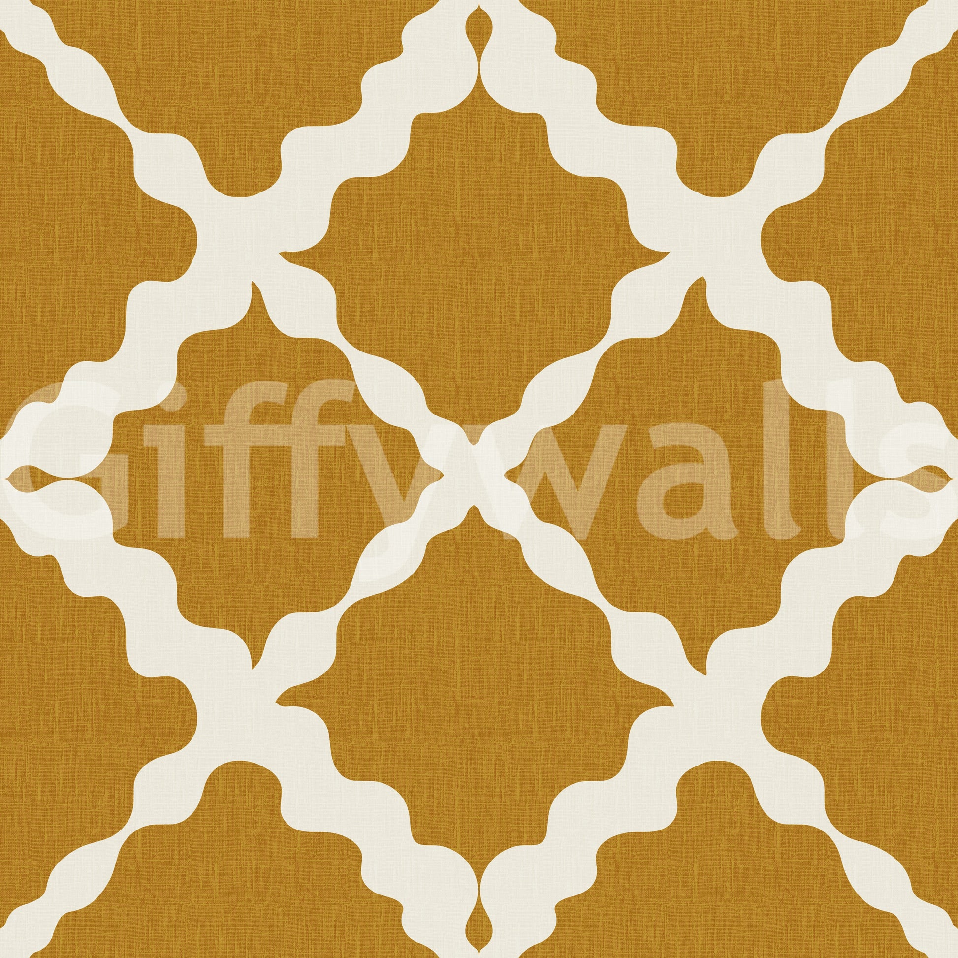 Mustard and cream geometric trellis wallpaper in yellow tone.