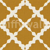 Mustard and cream geometric trellis wallpaper in yellow tone.
