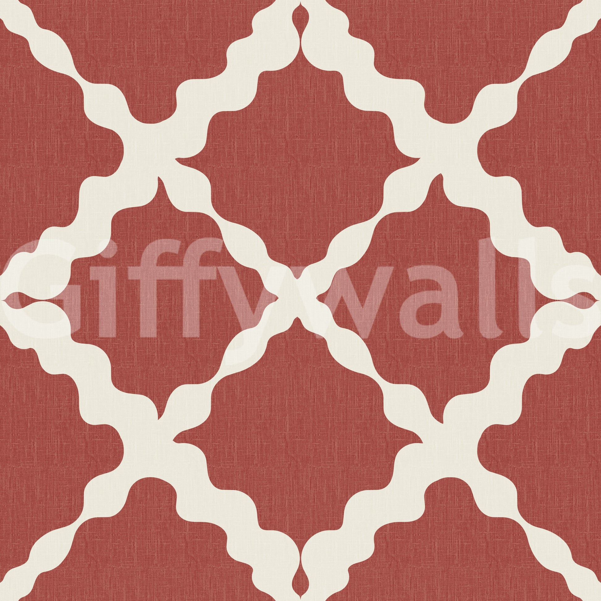 Rust red geometric trellis wallpaper swatch with linen texture and cream background.